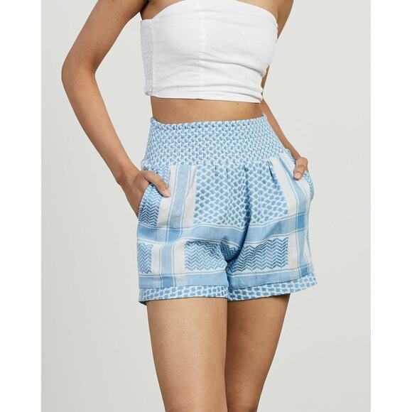 Cecilie Copenhagen Pants - Cecilie Copenhagen Women's Teresa Cotton Shorts Resort Smocked Waist Blue White